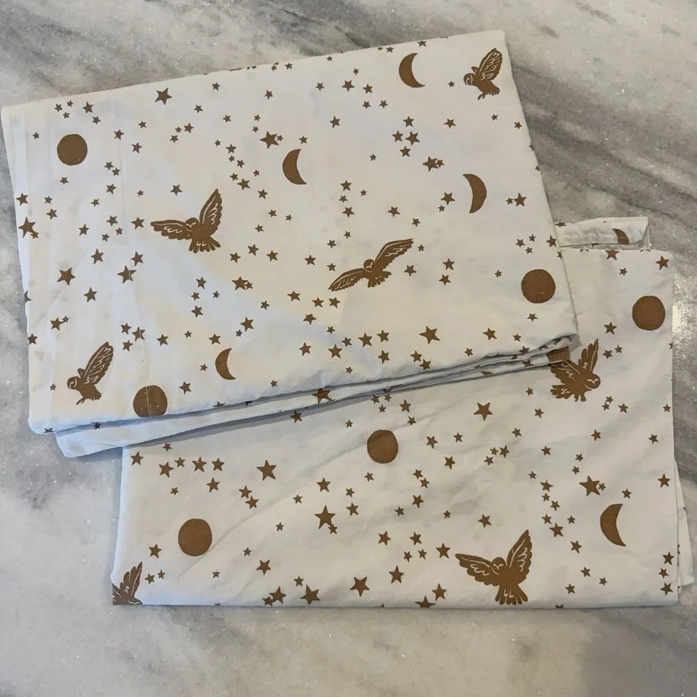 Pottery Barn White Bed Sheets with Gold Star & Moon Print